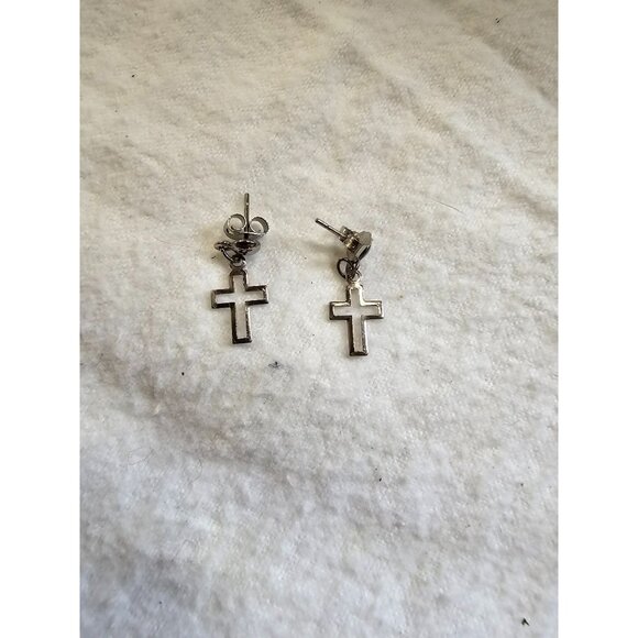 Tiny Short Dangle Outlined Silver Toned Earrings Cross Christian Casual Cute - Picture 7 of 9